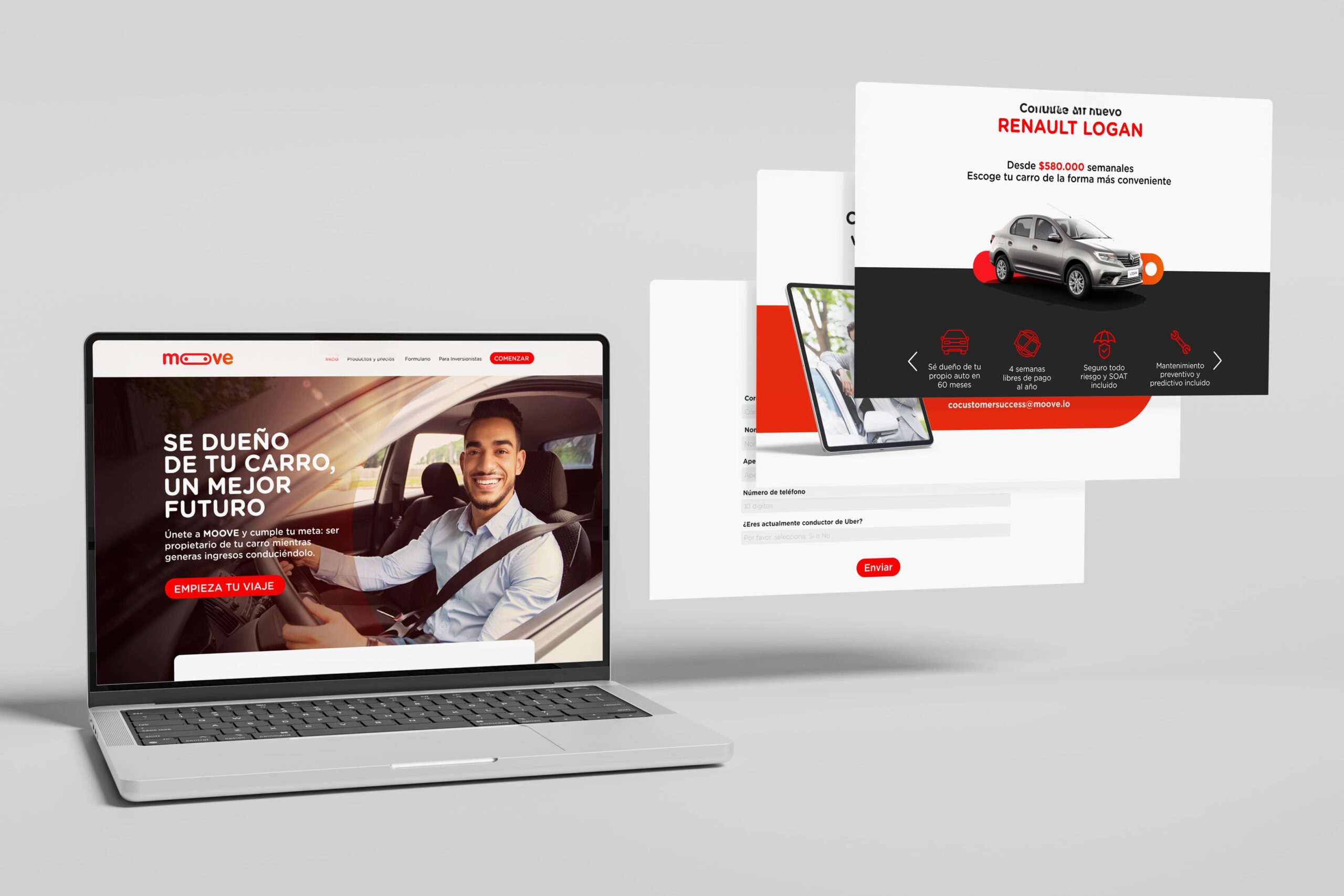 Mockup of Moove Colombia landing page showcasing localized driver onboarding and vehicle ownership options.