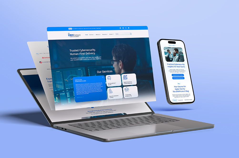 ERM Protect website mockup displayed on desktop and mobile screens showing the redesigned cybersecurity company website interface.