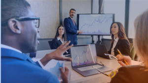 Fintech team explaining complex financial data and messaging to stakeholders