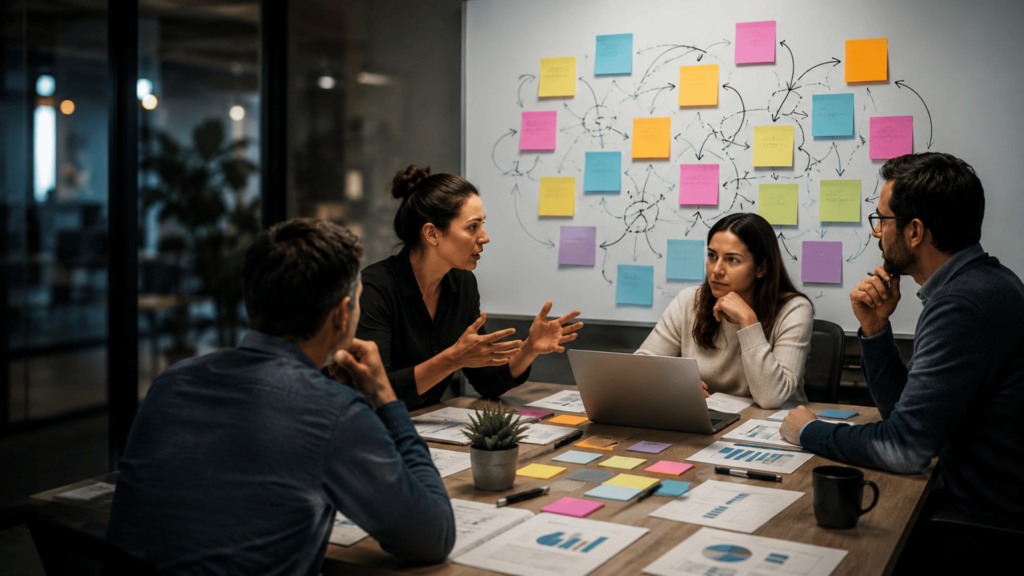 A strategic B2B marketing team collaborating in a modern office meeting room, reviewing communication strategy, brand positioning, content alignment, and customer journey planning. Team members discuss marketing revisions and messaging clarity around a table with reports, sticky notes, and business documents, representing strategic communication, content strategy, and complex B2B marketing execution.