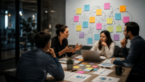 A strategic B2B marketing team collaborating in a modern office meeting room, reviewing communication strategy, brand positioning, content alignment, and customer journey planning. Team members discuss marketing revisions and messaging clarity around a table with reports, sticky notes, and business documents, representing strategic communication, content strategy, and complex B2B marketing execution.