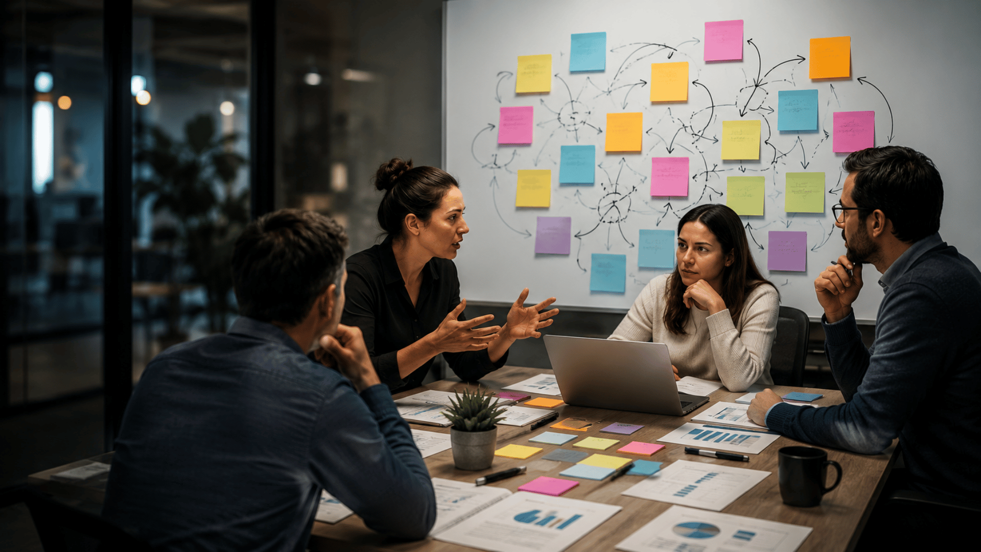 A strategic B2B marketing team collaborating in a modern office meeting room, reviewing communication strategy, brand positioning, content alignment, and customer journey planning. Team members discuss marketing revisions and messaging clarity around a table with reports, sticky notes, and business documents, representing strategic communication, content strategy, and complex B2B marketing execution.