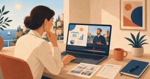 A marketing lead reviewing a B2B video, choosing between an animation frame and a filmed frame.