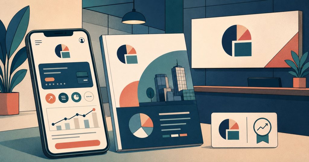 Financial services brand identity applied consistently across a banking app, an annual report and an office sign.