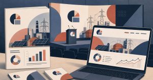 Renewable energy brand identity applied consistently across a policy document, conference backdrop and website.