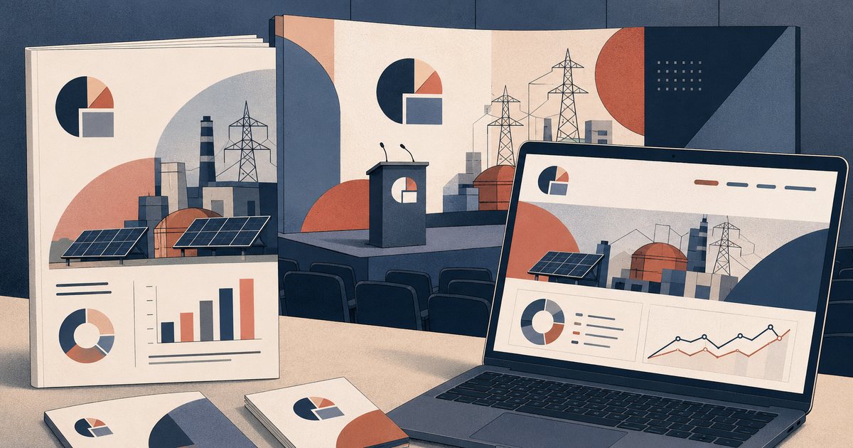 Renewable energy brand identity applied consistently across a policy document, conference backdrop and website.