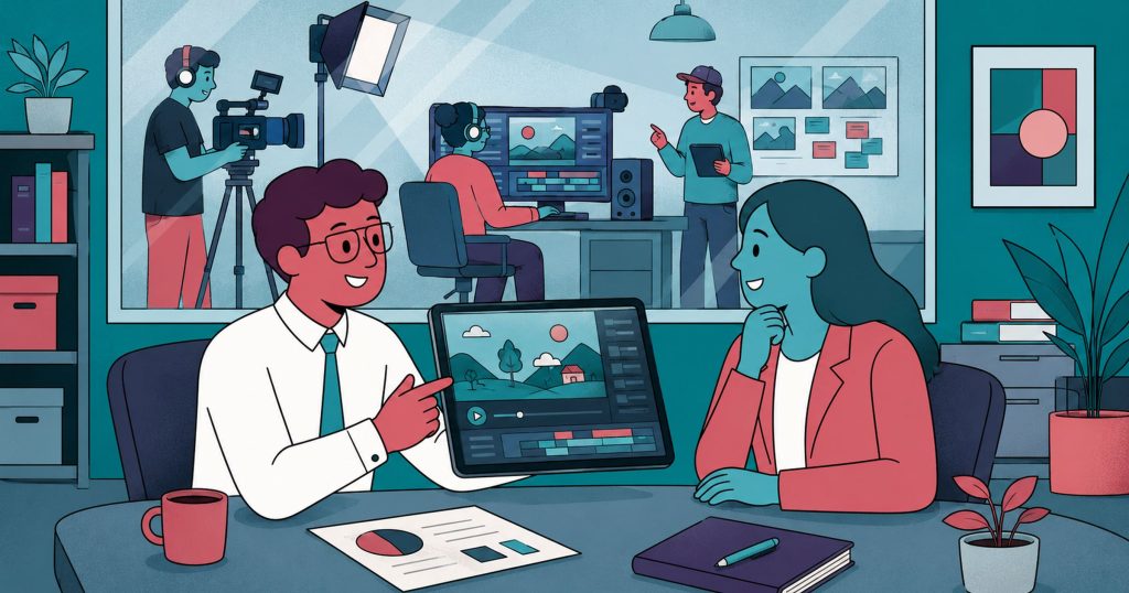 An agency delivers finished video to a client while a white-label production team works unseen behind them.