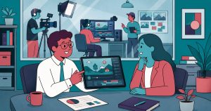 An agency delivers finished video to a client while a white-label production team works unseen behind them.
