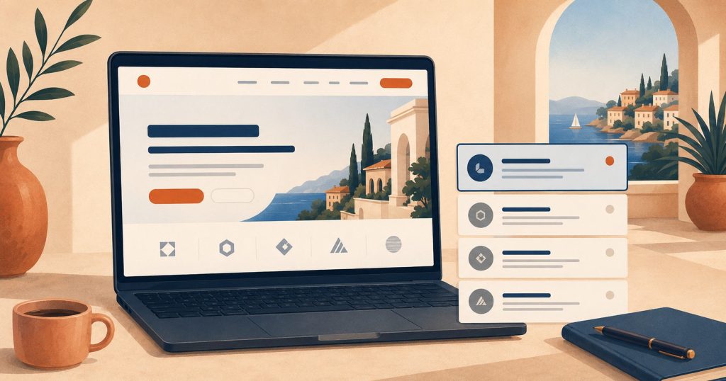 A B2B website layout on a laptop beside a shortlist of agency options narrowing to one selected choice.