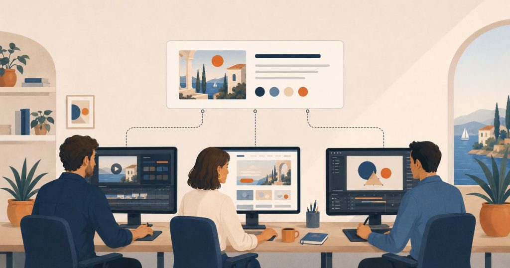 Illustration of a content creation agency team producing video, web, and design work under one brief.