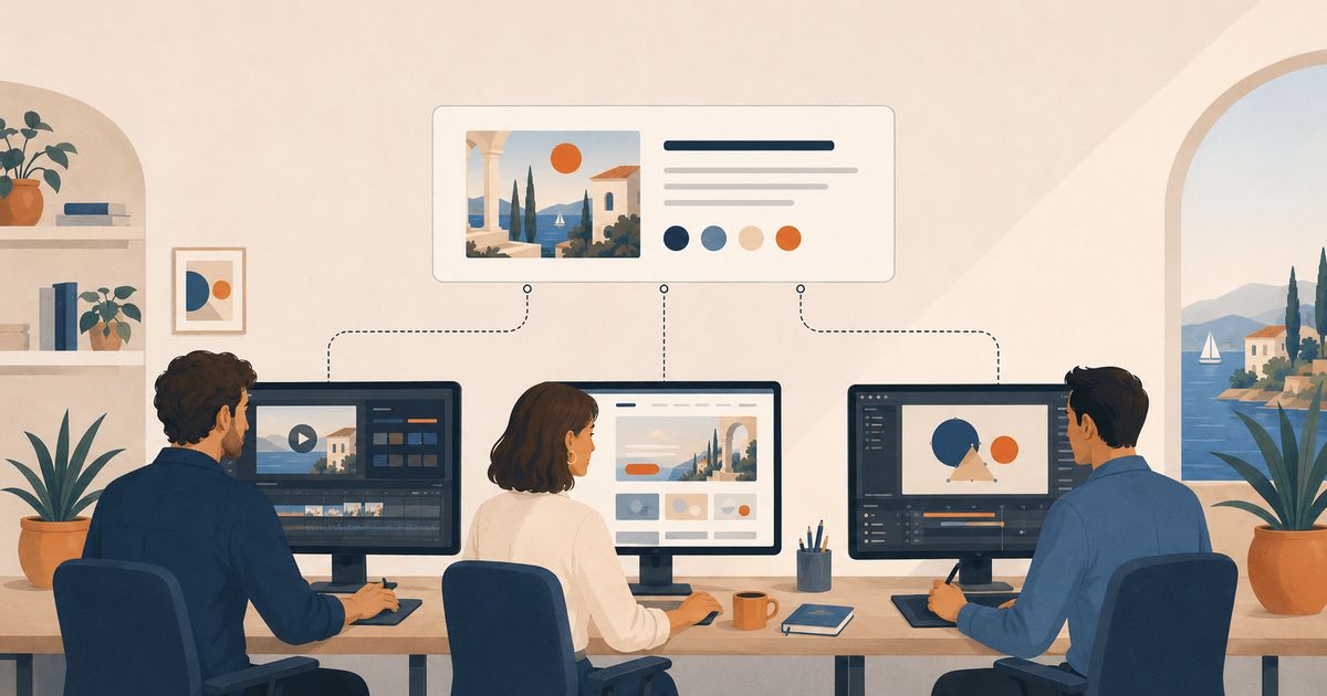 Illustration of a content creation agency team producing video, web, and design work under one brief.