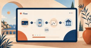 A 2D motion-graphics explainer frame showing a fintech payment flow as simple connected steps.