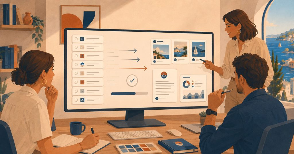 A design backlog being cleared into finished on-brand deliverables by an unlimited design team.