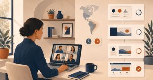A US marketing lead working with a nearshore Latin American creative team, with a queue of design deliverables moving to done.