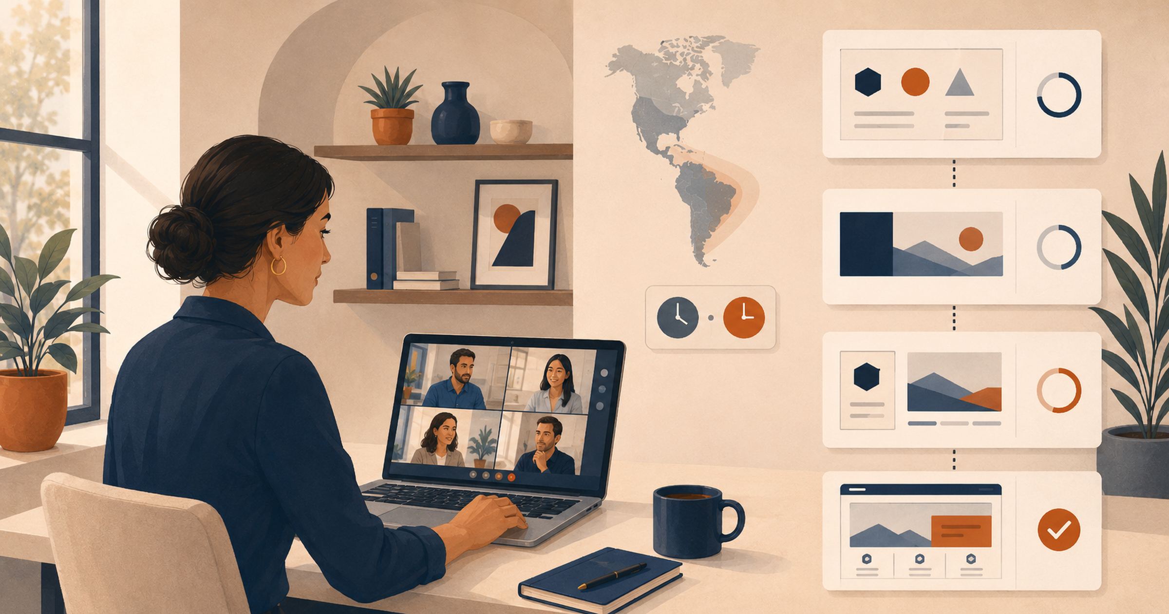 A US marketing lead working with a nearshore Latin American creative team, with a queue of design deliverables moving to done.