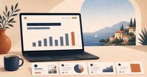 A single well-structured pitch deck slide on a laptop beside a row of tidy slide thumbnails.
