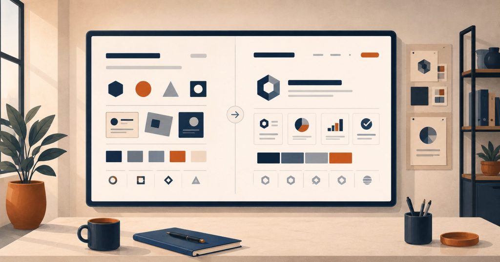 A B2B brand shown before and after a rebrand, from a cluttered old identity to one clean, unified brand system.