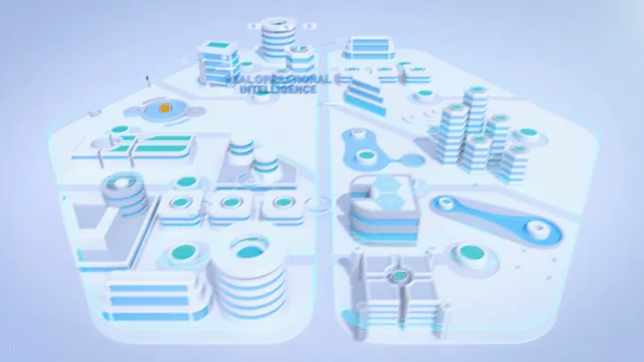 Click Software brand video final frame: the hexagon city resolving into the Click logo