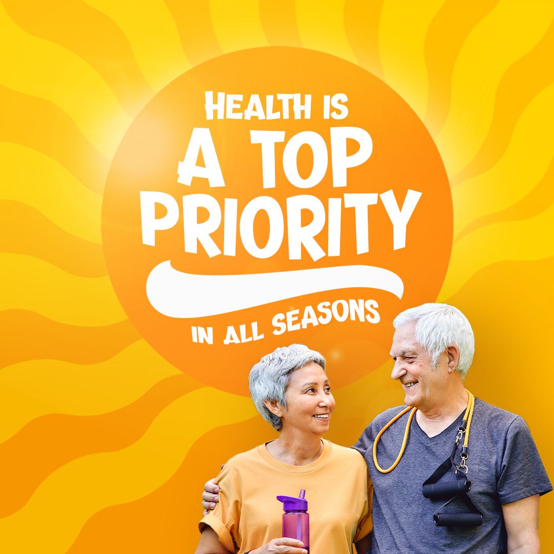 Da Vinci Health summer campaign post: health is a top priority in all seasons, with an older couple outdoors