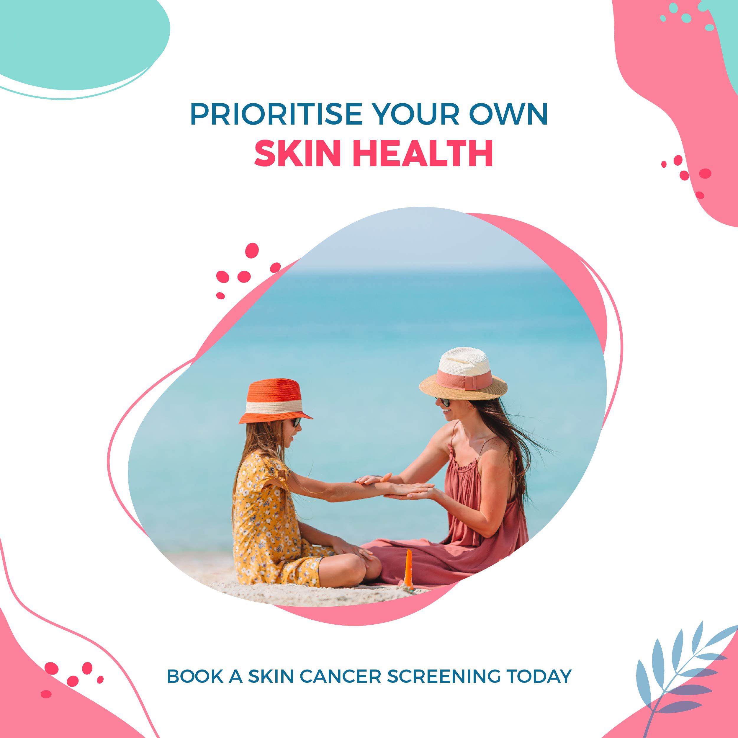 Da Vinci Health summer post: prioritise your own skin health, with a mother applying sun cream to her daughter on a beach and a prompt to book a skin cancer screening