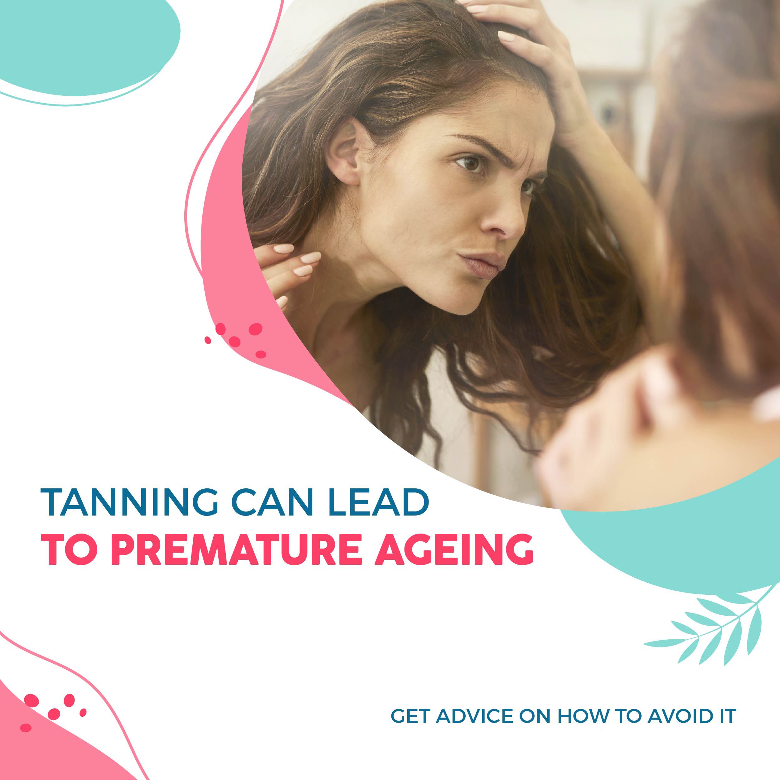 Da Vinci Health summer post: tanning can lead to premature ageing, with a woman checking her skin in a mirror