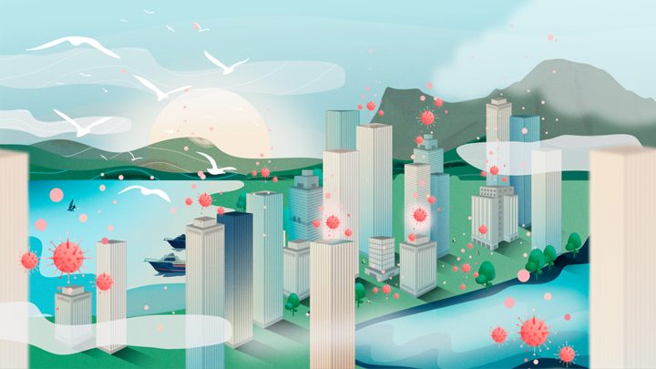 MÜNO explainer final design: an illustrated city with virus particles in the air