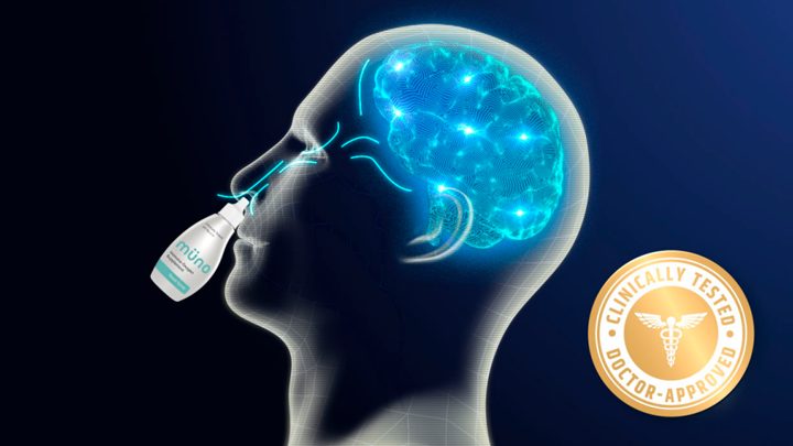 MÜNO explainer final design: a person inhaling from the MÜNO bottle, with a glowing brain and a clinically tested, doctor-approved seal