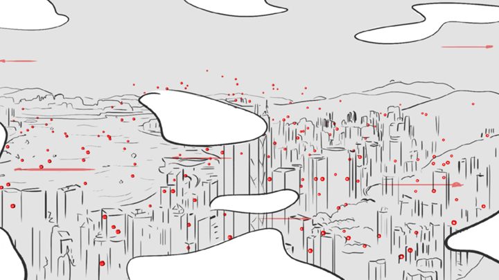 MÜNO explainer initial concept: sketch of a city skyline with particles in the air