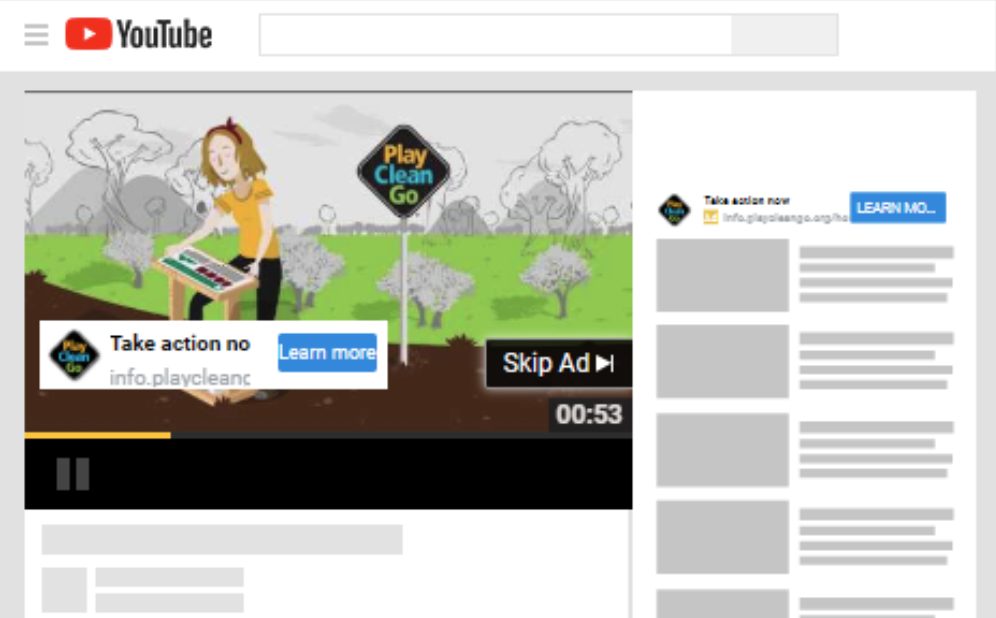 PlayCleanGo YouTube desktop ad mock-up: an animated hiker cleaning her boots, with a Take action now link