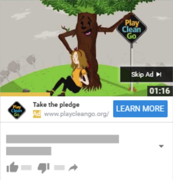 PlayCleanGo YouTube mobile ad mock-up: an animated tree and hiker with a Take the pledge call to action