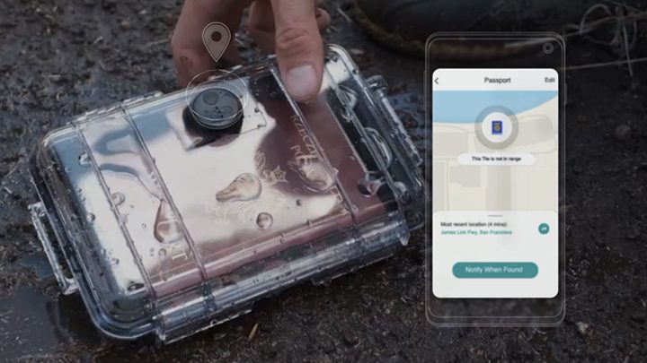 Tile ad scene: a waterproof case with a Tile tracker in the mud, next to the Tile app showing its last known location