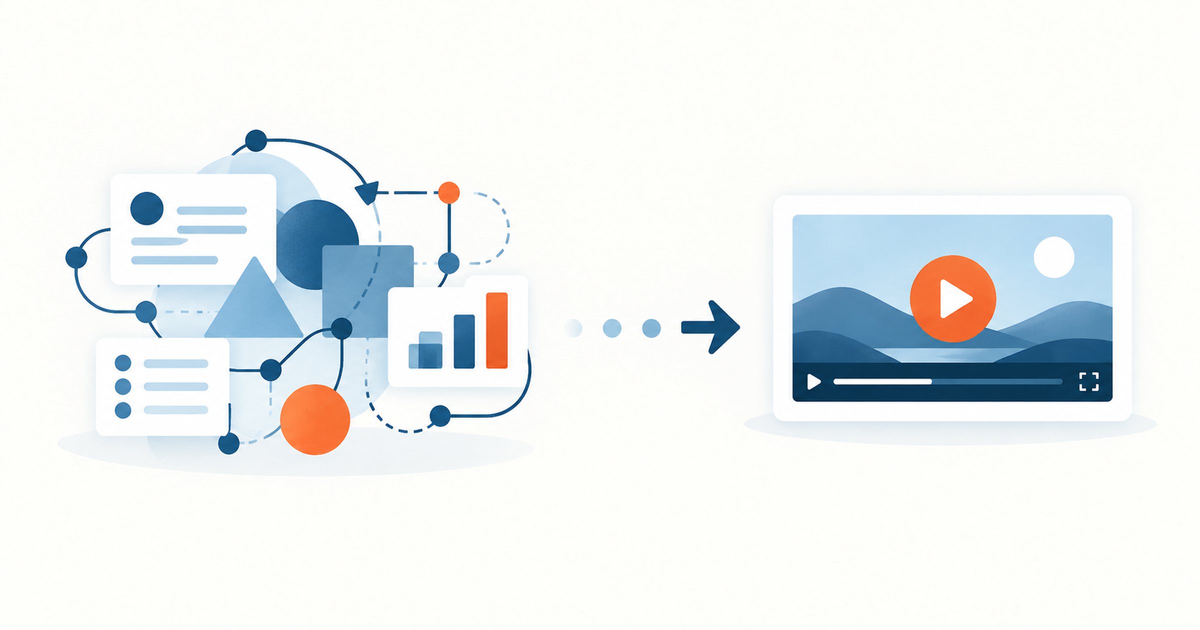 A complex B2B idea resolving into a single clear animated explainer video, shown as a flat editorial illustration.