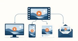 One B2B video versioned for many channels: monitor, phone, social card, and email, shown as a flat editorial illustration.