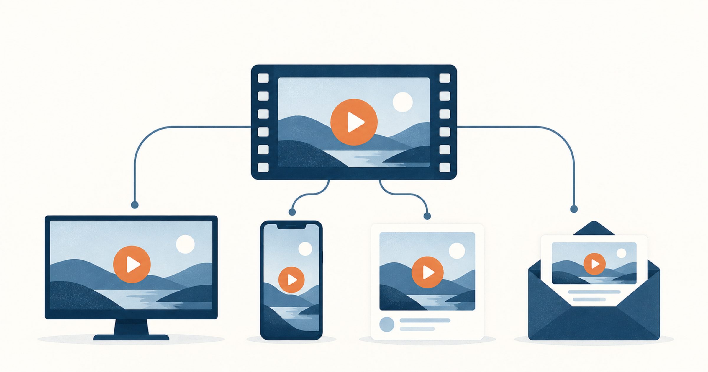 One B2B video versioned for many channels: monitor, phone, social card, and email, shown as a flat editorial illustration.