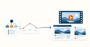 Strategy and narrative feeding into finished video, web, and social work, shown as a flat editorial illustration.
