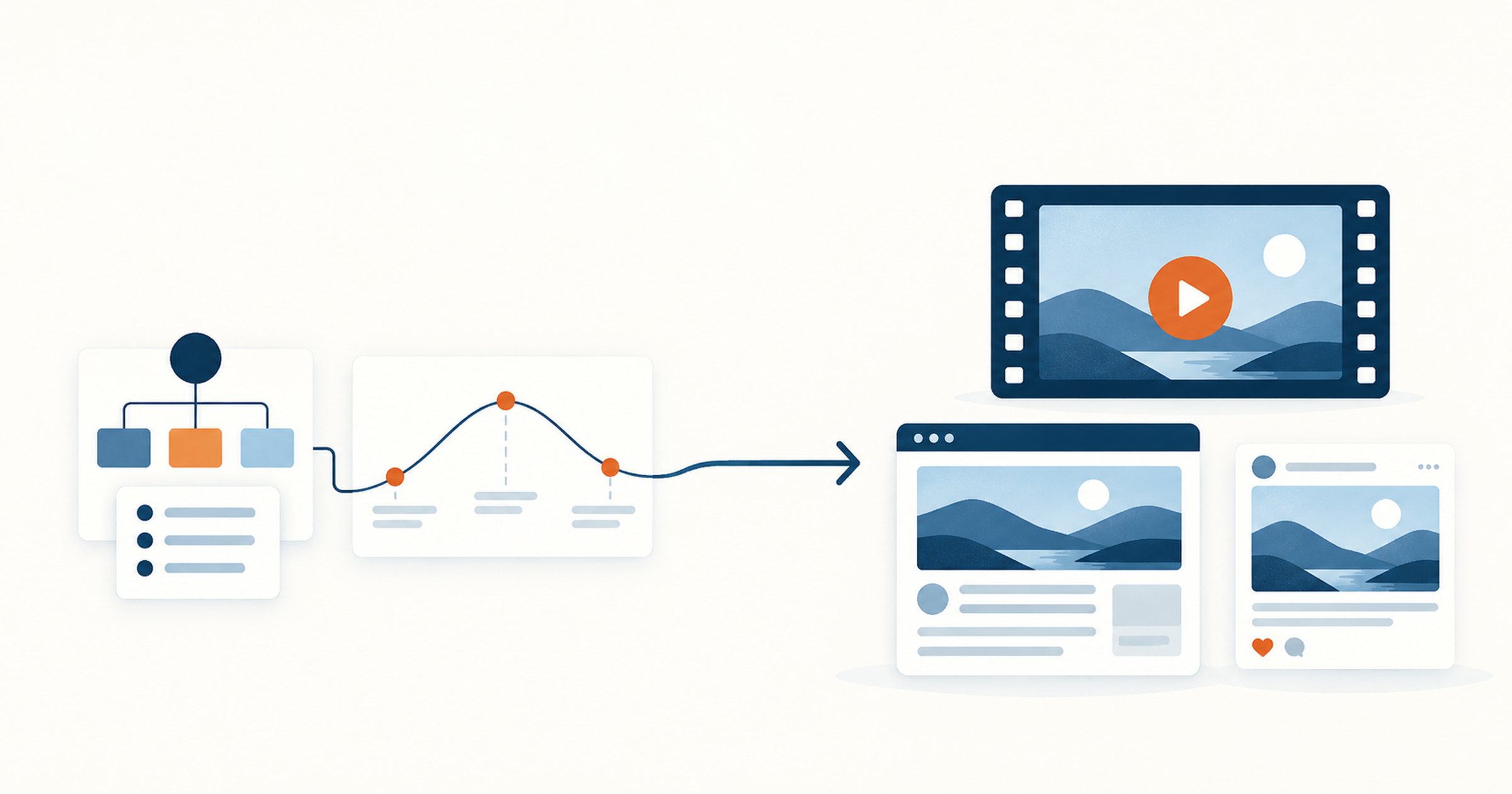 Strategy and narrative feeding into finished video, web, and social work, shown as a flat editorial illustration.