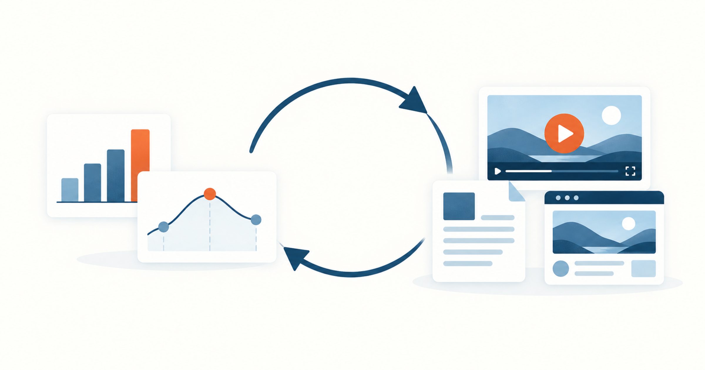 A loop between audience data and produced content: charts feeding video, document, and web pieces, shown as a flat editorial illustration.