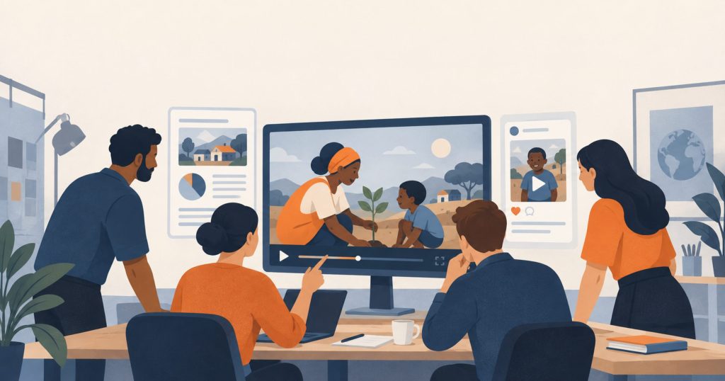 Creative team producing video and content for a nonprofit cause, shown as a flat editorial illustration.
