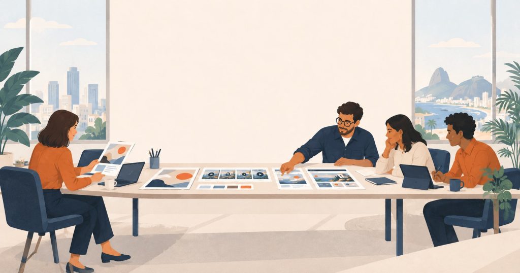 Illustration of a North American marketing lead and a Latin America creative team producing video and design work together in the same working hours.