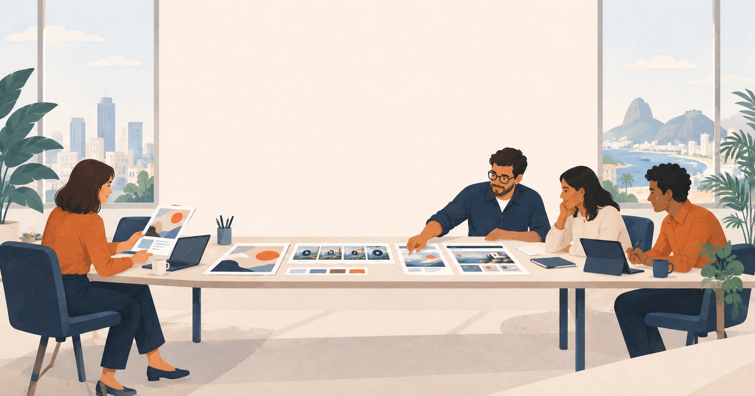 Illustration of a North American marketing lead and a Latin America creative team producing video and design work together in the same working hours.