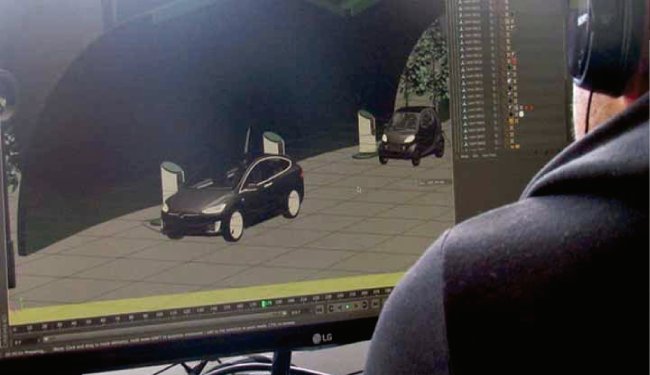 Animator working on a 3D electric car scene for the European Aluminium film
