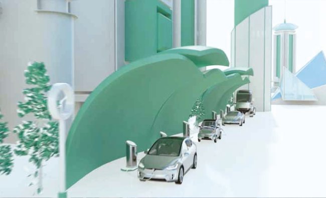 3D animation frame of electric cars charging under green canopies