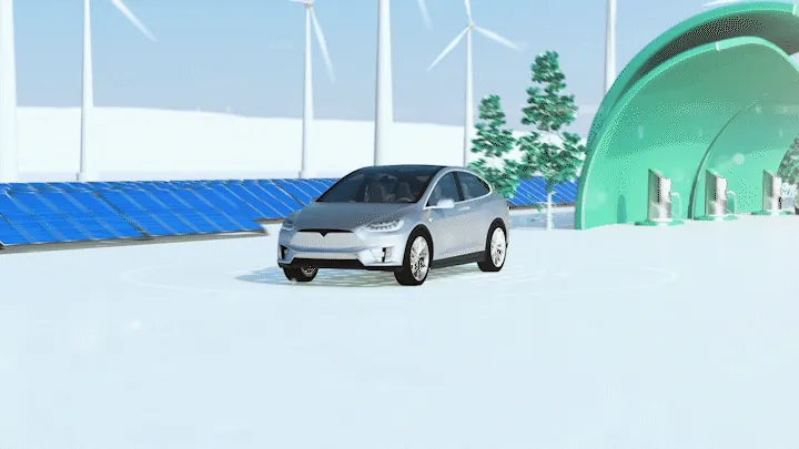 Animated 3D frame of an electric car beside solar panels and wind turbines
