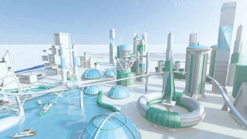 3D animation frame of a future city by the water with domes and electric transport