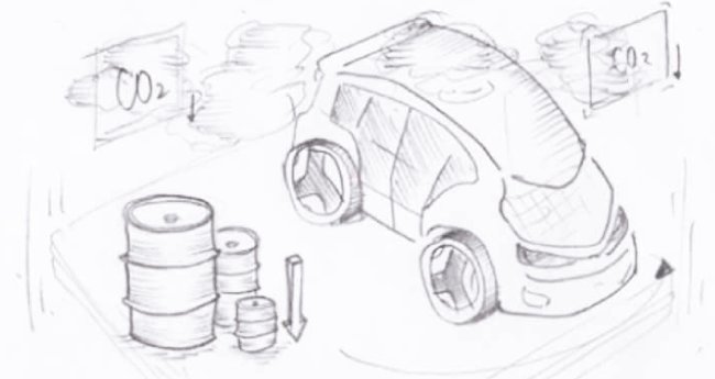 Pencil storyboard sketch of an electric car beside oil barrels and falling CO2 labels