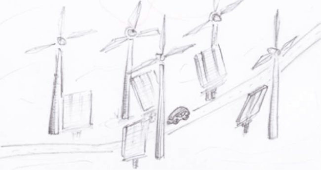 Pencil storyboard sketch of wind turbines, solar panels and an electric car, for the European Aluminium 3D film by Room4 Media