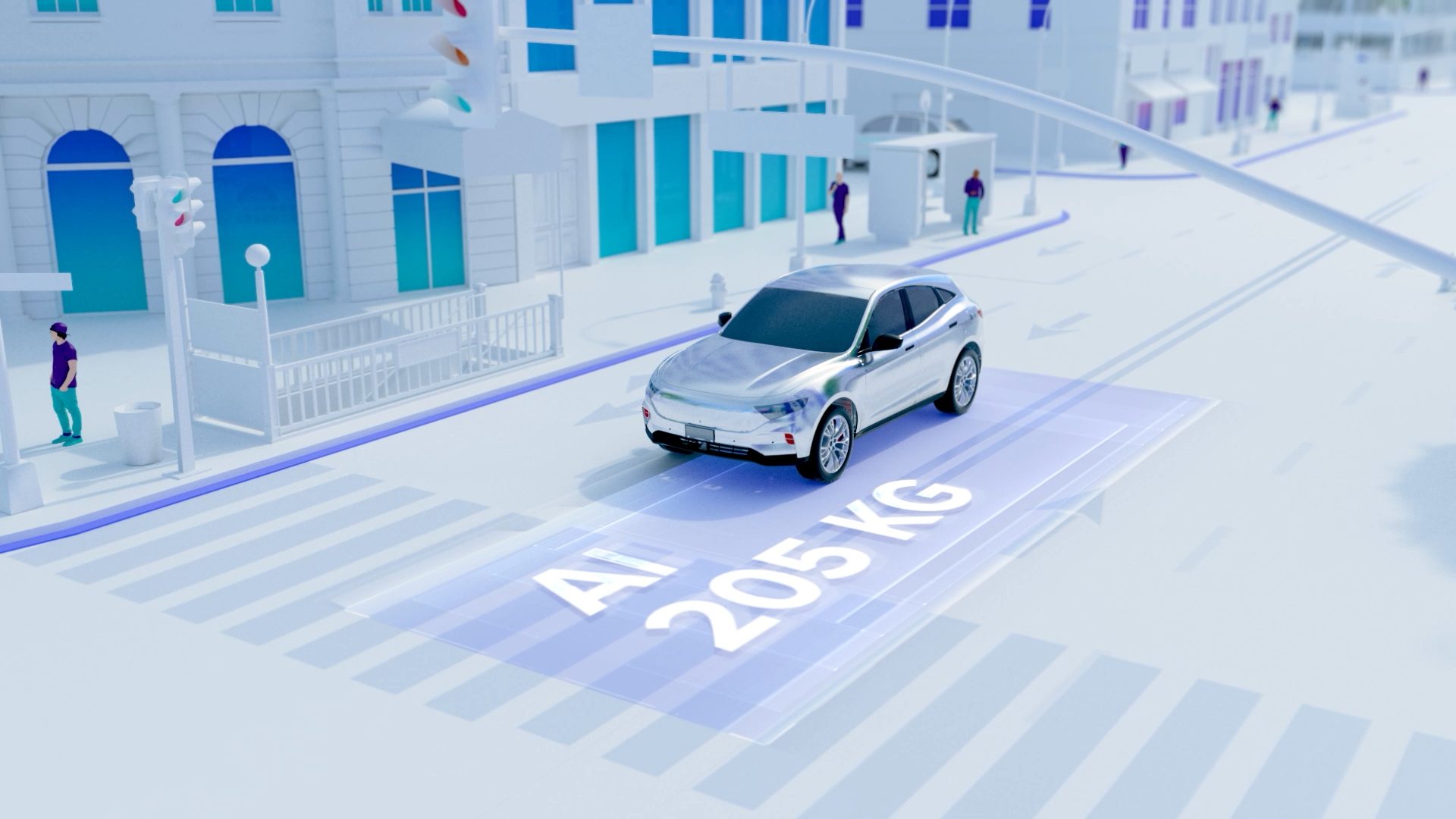 3D animation still of an electric car on a city street with an Al 205 kg label, from the European Aluminium electromobility film by Room4 Media
