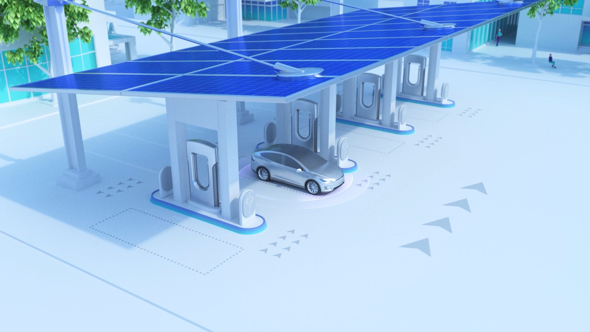 3D animation still of an electric car at a solar-roofed charging station, from the European Aluminium electromobility film by Room4 Media