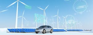 3D animation still of an electric car beside solar panels and wind turbines, cover for the European Aluminium YouTube campaign