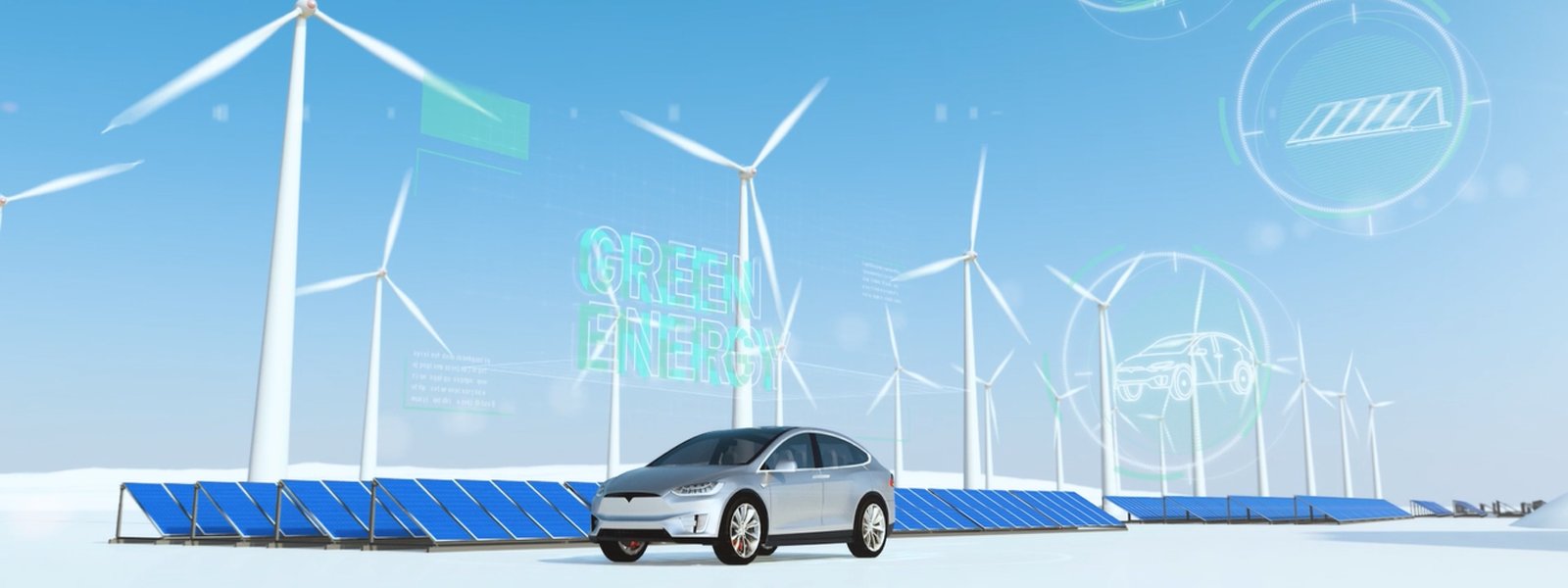 3D animation still of an electric car beside solar panels and wind turbines, cover for the European Aluminium YouTube campaign
